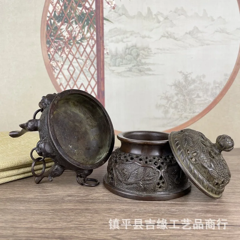 Antique Incense Burner Lion Head with Earrings Three-Legged Emperor Stove Retro Domestic Ornaments Three-Layer Incense Burner