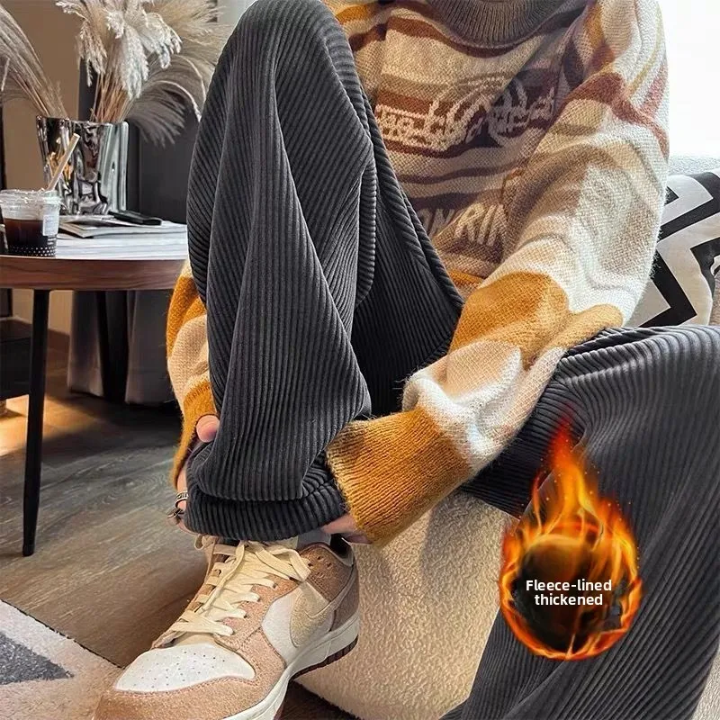 

Men Fleece-Lined Striped Corduroy Pants American Style Loose Straight-leg High Street Trousers Casual Sports Wide-leg Sweatpants