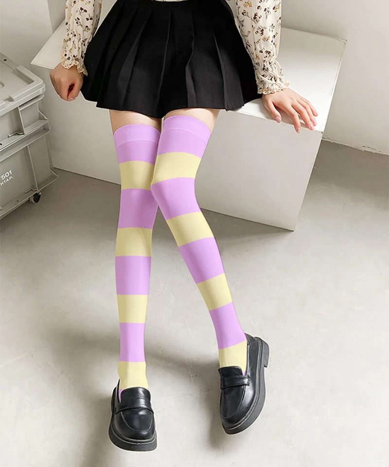 Kawaii pink yellow striped ladies stockings Harajuku fashion Lolita soft cute girl thigh socks college style JK calf socks