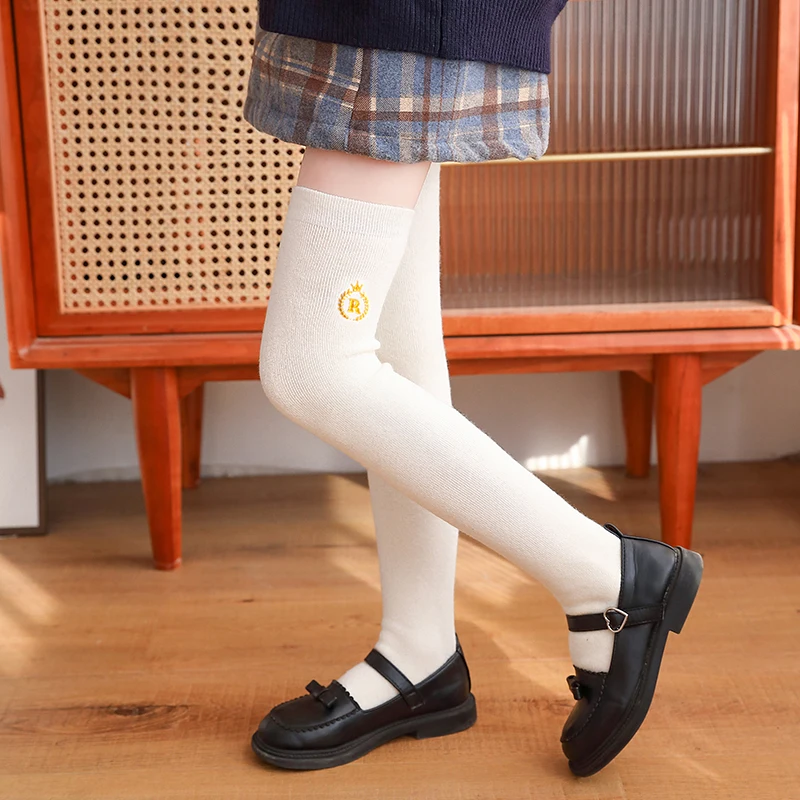 Academic Style Long thickening Socks For Baby Girls Winter Cotton Warm Stockings Embroidered Badge Child Over The Knee High Sock