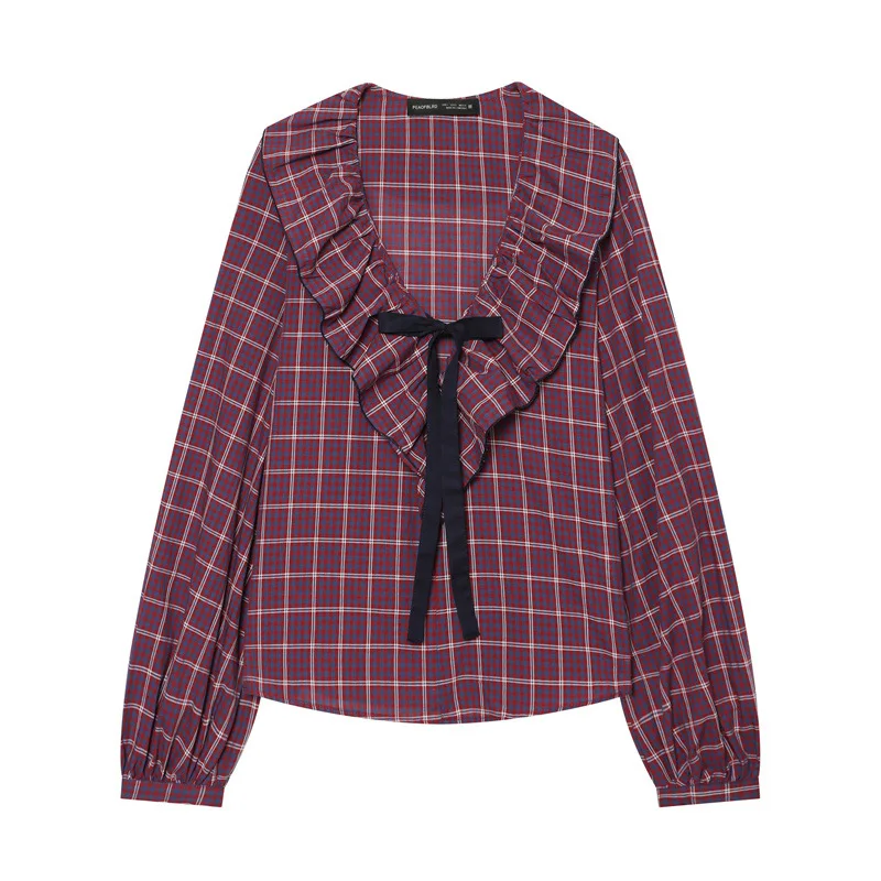 Casual Plaid Shirt Women's V-neck Long Sleeve Knot Top NINE ZAR Ladies Fashion Brand 5029133 Winter Collection 5