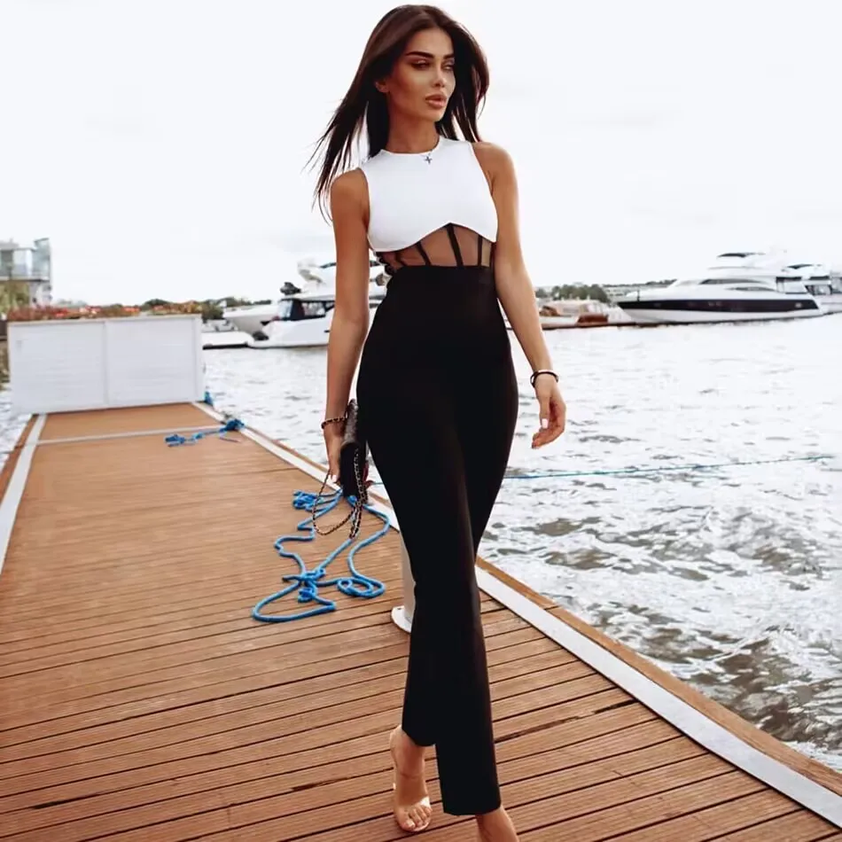 Black and White Bandage Jumpsuit Insert Mesh Party Jumpsuit Women's Fashion Elegant Sexy Birthday Evening One Piece Outfits