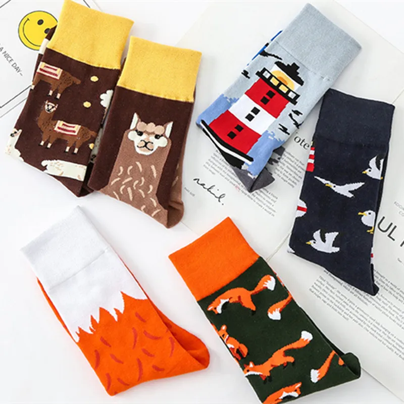 1 Pairs Asymmetric Trendy Socks Cartoon Jacquard Medium Tube Cotton Socks Kawaii Animal Woman Man Adult Socks