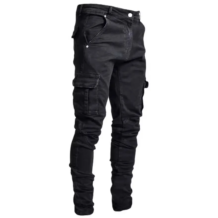 Street Elastic Jeans Heren Denim Cargo Broek Wassen Effen Kleur Multi Zakken Casual Mid Taille Broek Slim Fit Dagelijkse Joggingbroek