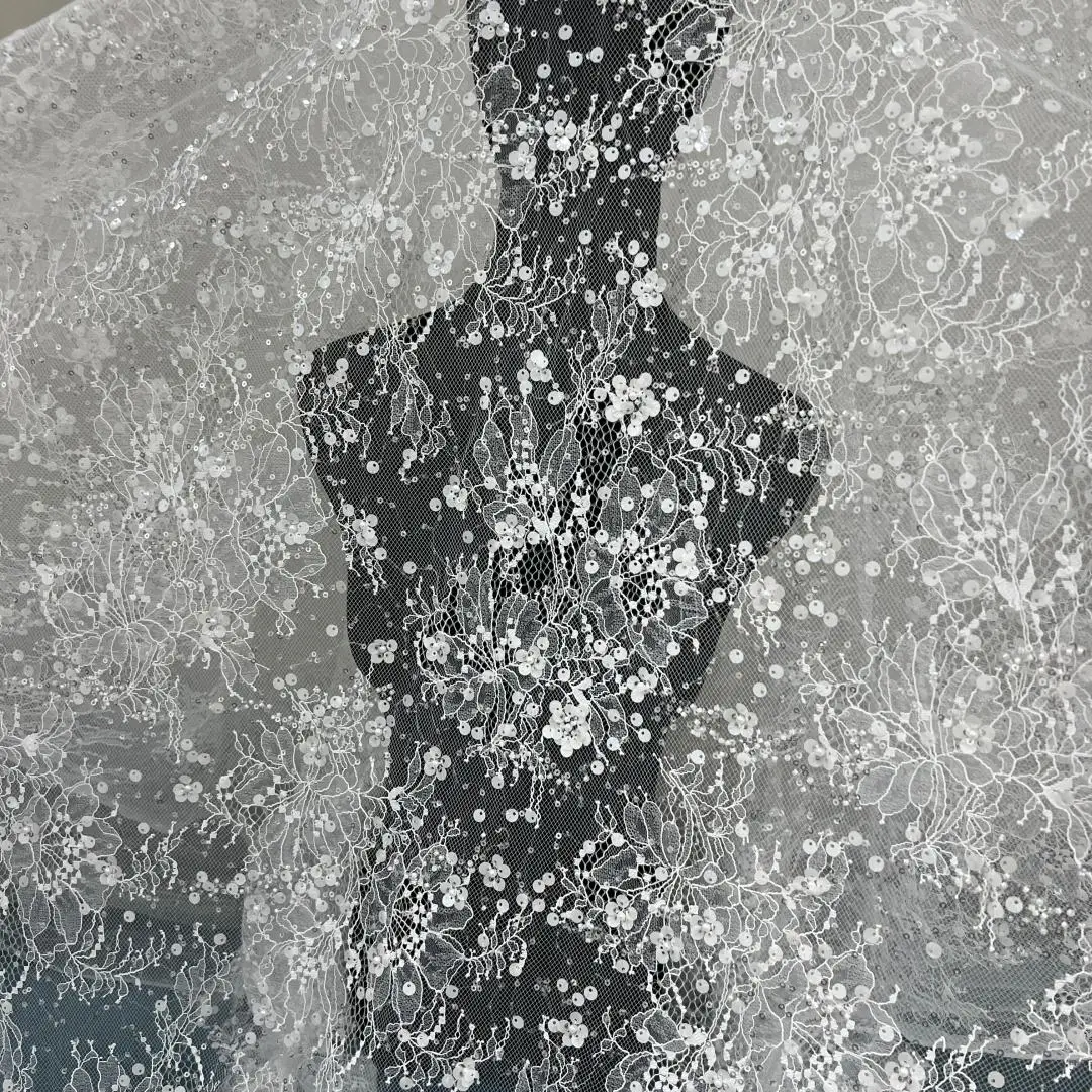 

High end bead embroidery sequin lace flower composite fabric, used for customizing wedding dresses and headwear accessories