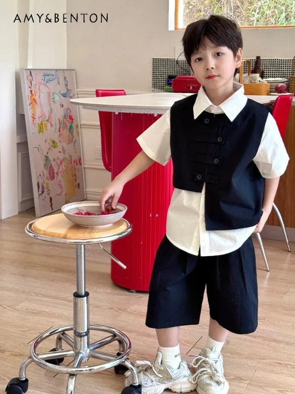 

Boys 3-Piece Formal Outfit Set Black Vest and White Short Sleeve Shirt Shorts Casual Suit for Special Occasions Kids Clothes