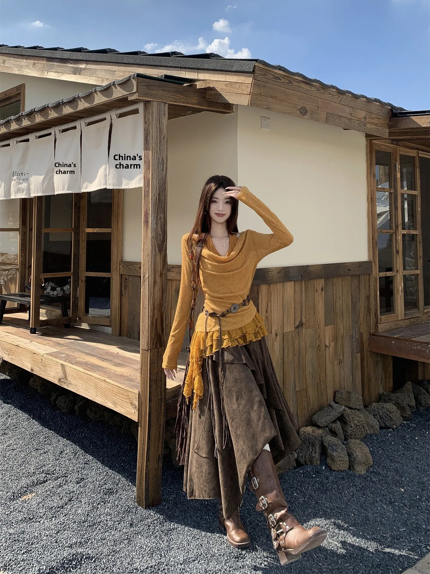 

Retro Kumikumi Set Long Sleeve T-Shirt Women's Vest under Skirt Three-piece Set Irregular Half-length Summer Fashion Ensemble