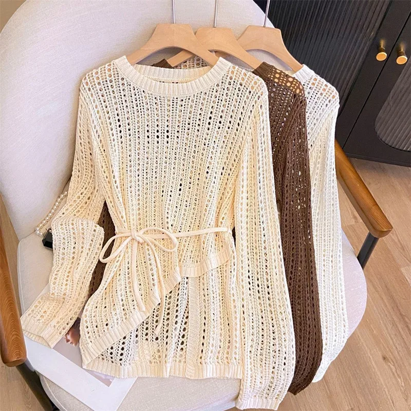 

Knit Woman Clothing New Long Sleeve Thin Hollow Out Knitwear Blouse Spring Autumn Fashion Women's Sweater Top Pullovers Femme
