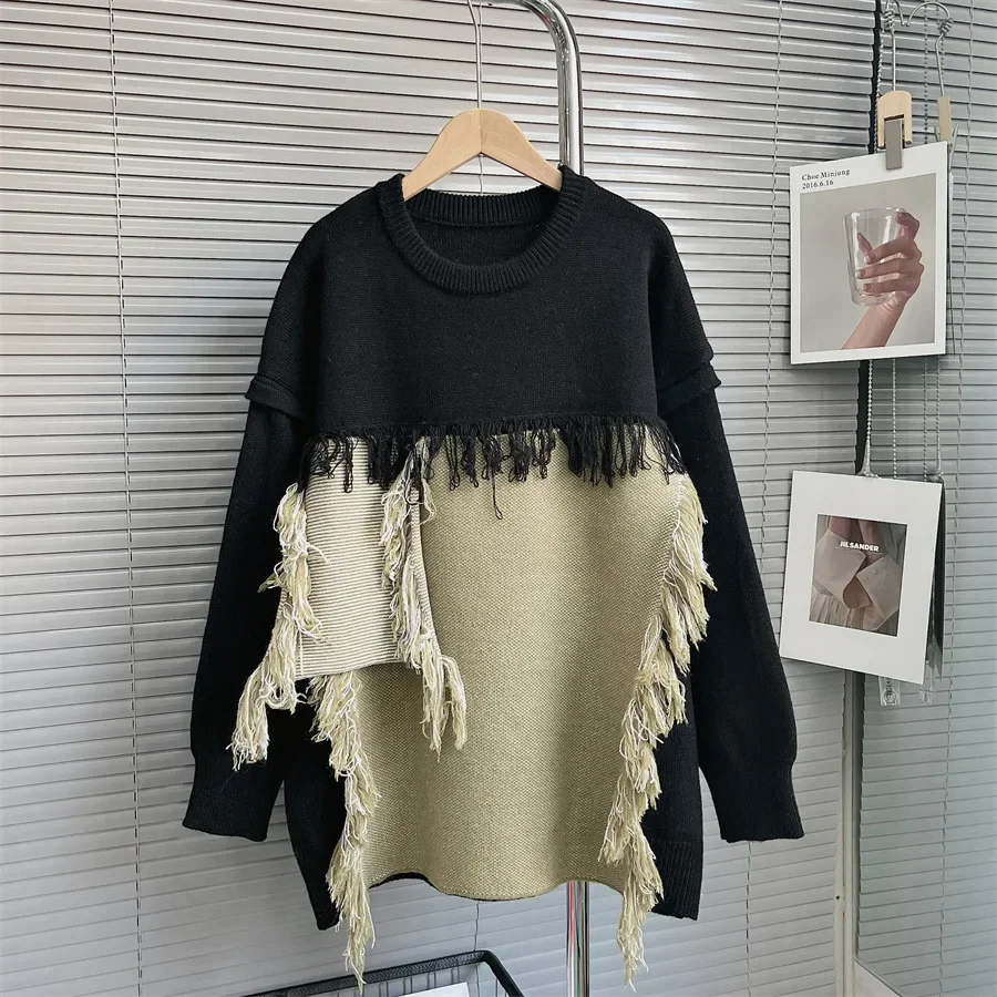 

SuperAen Elegant Splicing Loose Sweater 2024 Autumn and Winter New Fashion Simple Long Sleeve Casual Sweater