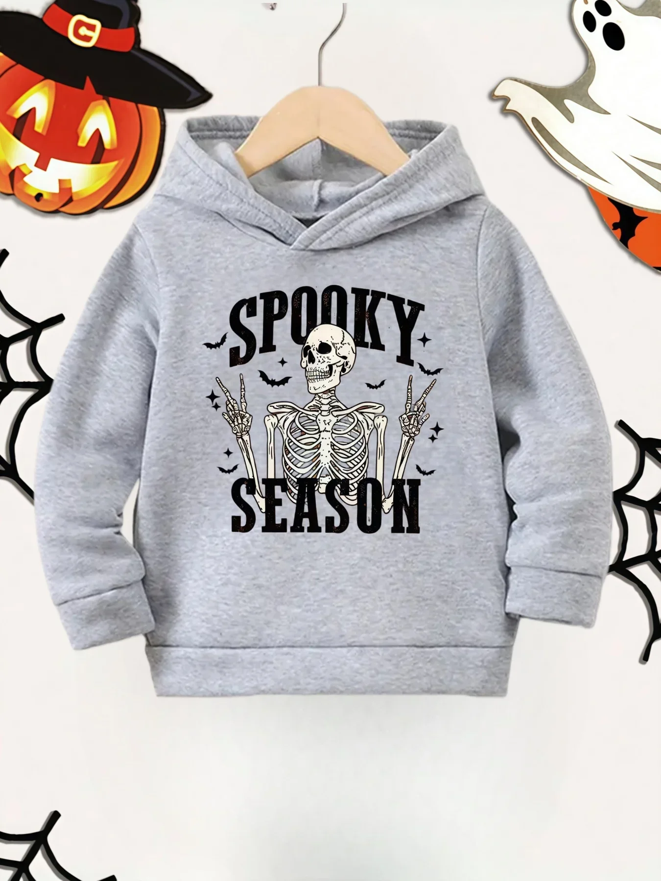 Halloween Spooky Season Skeleton Kids Hoodie Autumn Winter Fleece Warm Graphic Print Casual Pullover Hooded Sweatshirt