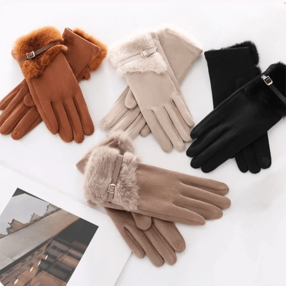 All-Match Velvet Winter Suede Gloves Thick Full Finger Women Gloves Windproof Korean Style Cycling Mittens Autumn