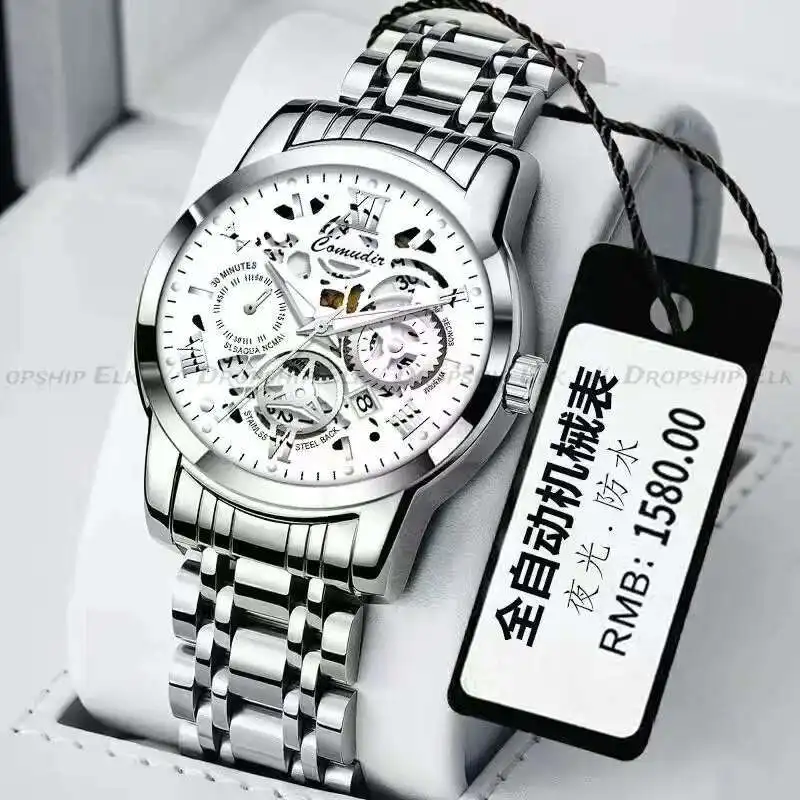 Fashionable hollowed out men's quartz watches waterproof stainless steel strap date night light top-level quartz watch for men