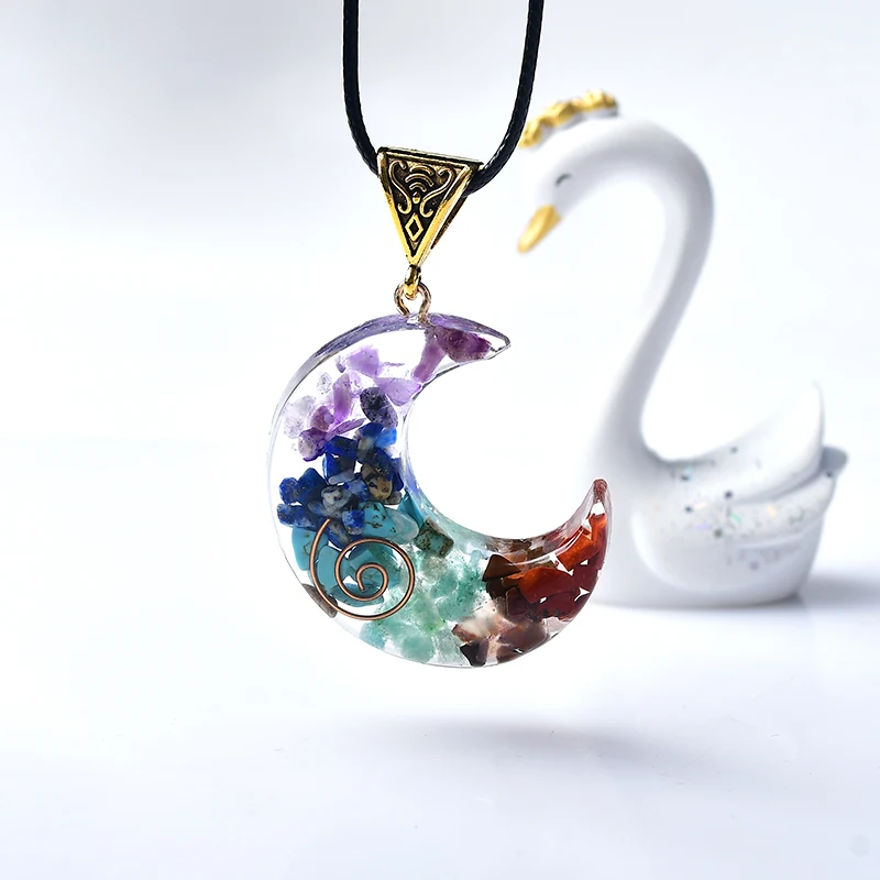 1PC Crescent Moon Necklace Resin Seven Chakras Reiki Natural Crystal Gravel Pendant  Healing Crystal For Men Women Jewelry Gifts