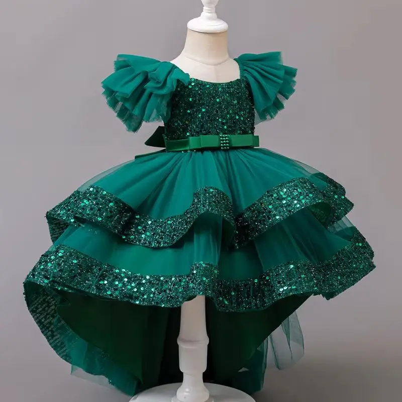 Girl Party Dress Performance Girls' Princess Dresses Sequins Child Green Clothing