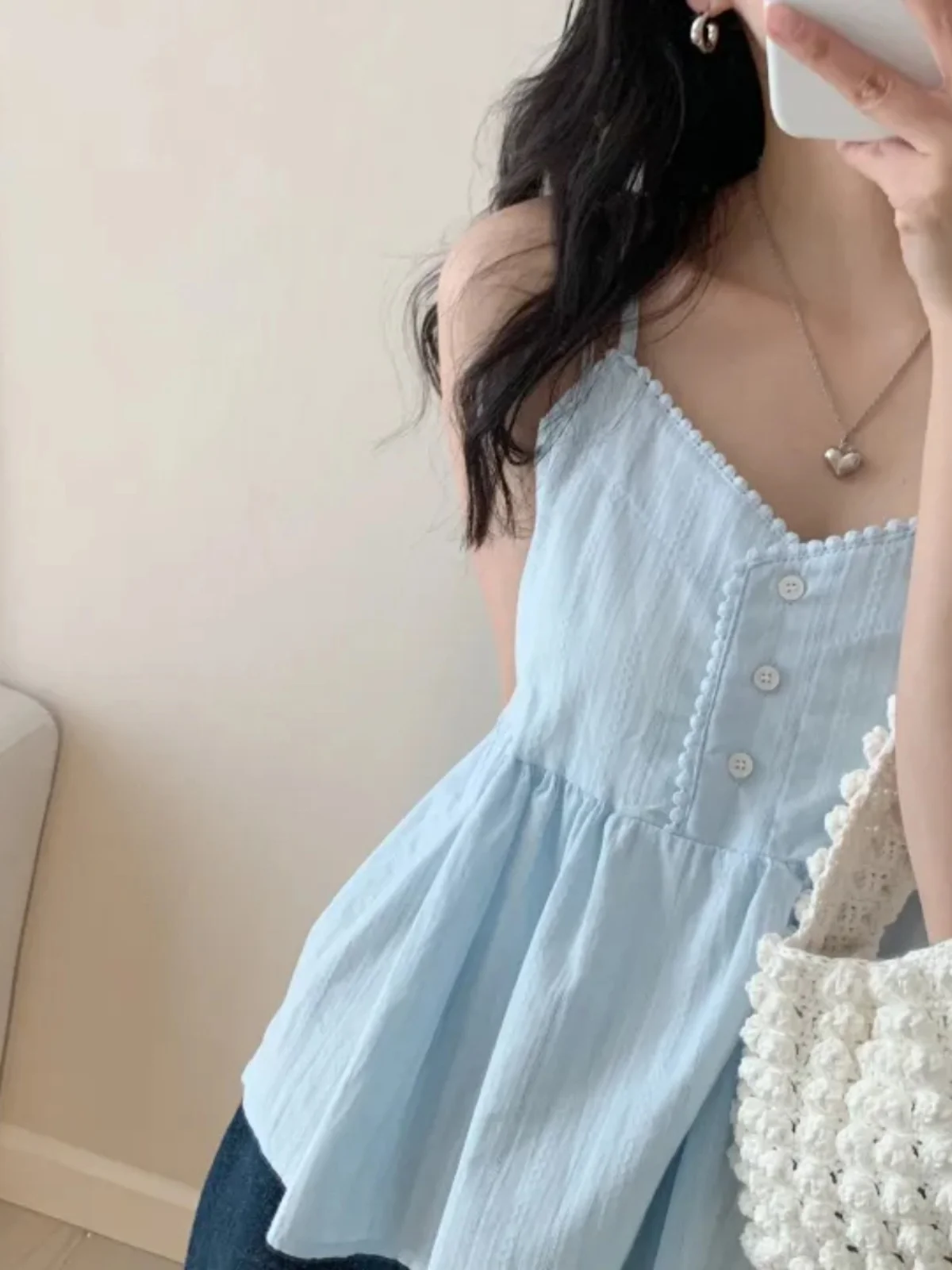 Ceco con tirantes y un solo botón con ribete de encaje e para mujer, Top corto sin mangas en capas, estilo moderno ...