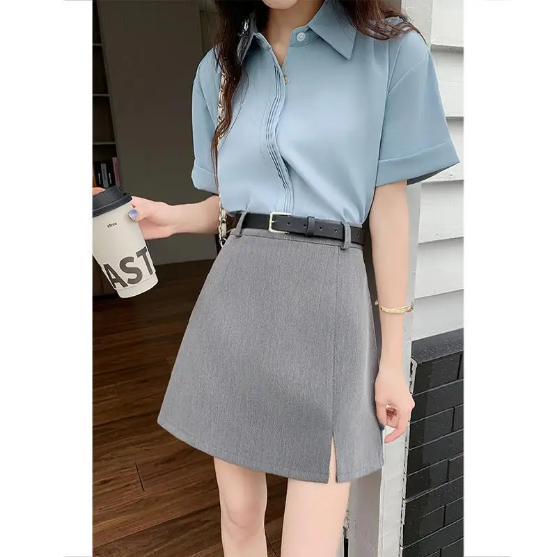 

Серая женская юбка-костюм 2026: Новая летняя облегающая юбка с высокой талией и разрезом для миниатюрных фигур, с эффектом похудения, юбка-трапеция