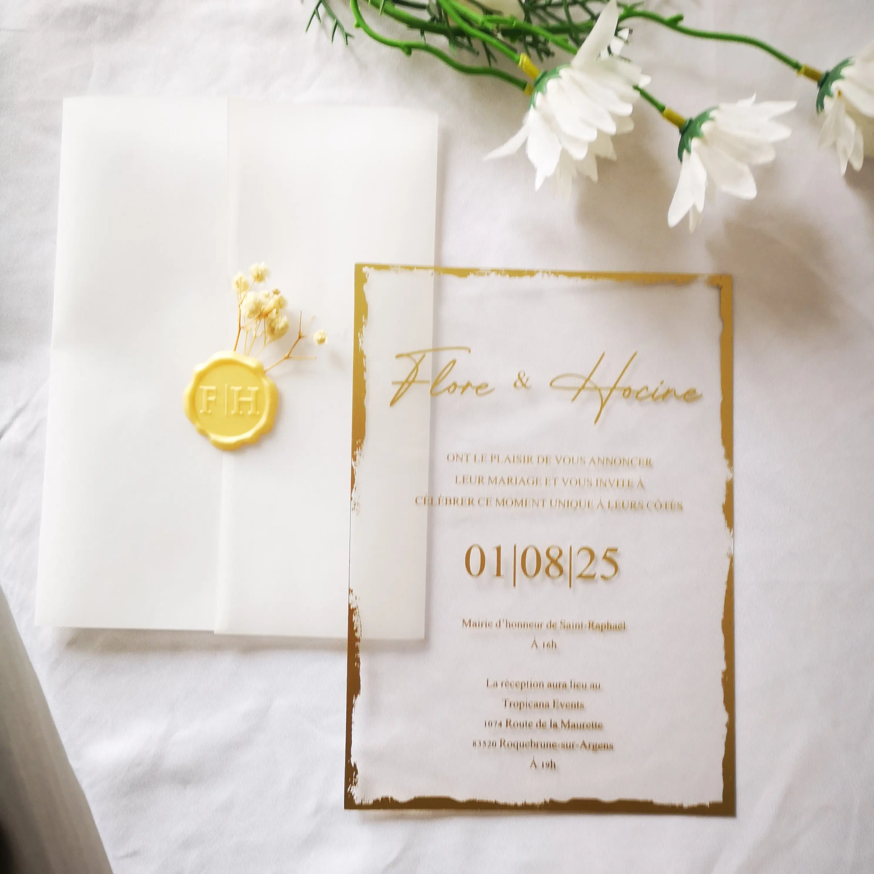 

Transparent Customize Wedding Card,1mm Acrylic 15th Quinceanera Invitation,Gold Shiny,Vellum Wrapper,Bridal Shower Flower Seal