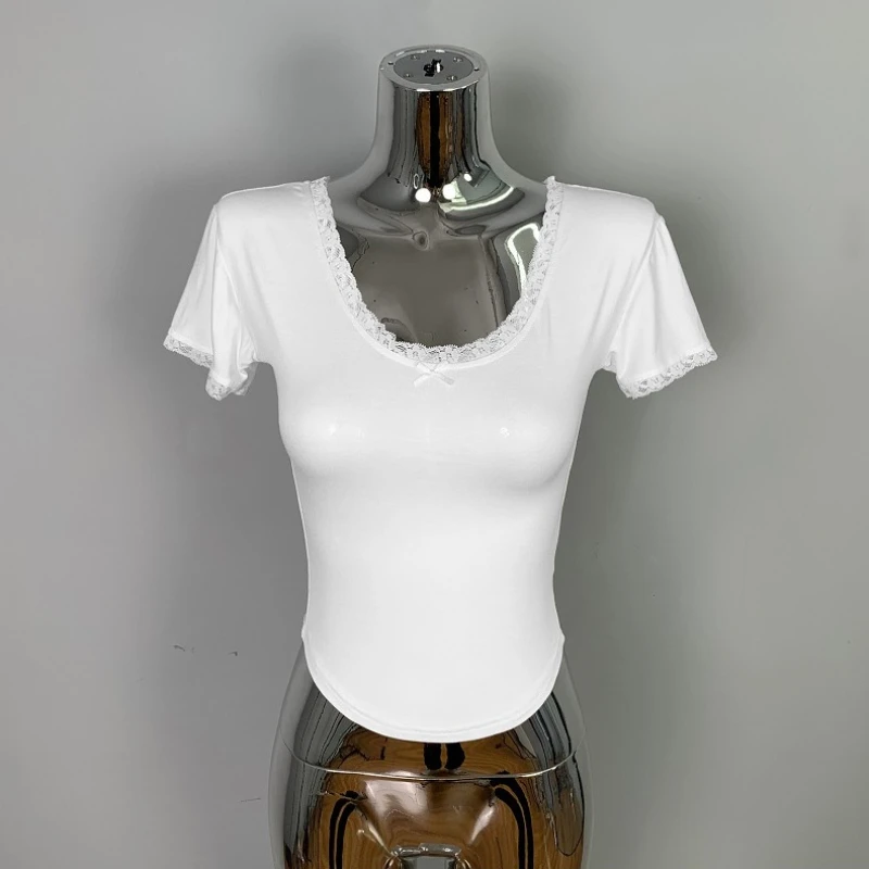 韓国東大門レディースレーススプライススリムTシャツ夏セクシー半袖クロップトップトレンディホットガール万能レディースTシャツ