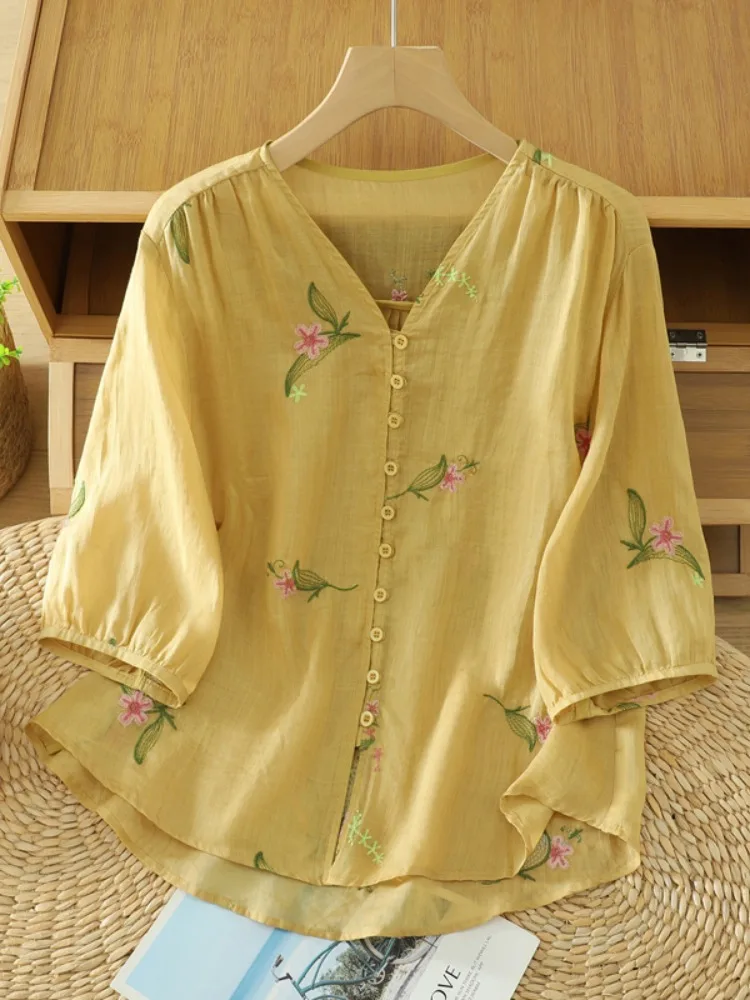 Nuovo cinese Sle Cotone Lino ricamato V-ne irt Donna Estate plus Size Dimagrante Faionable Age-defng f Sve Top