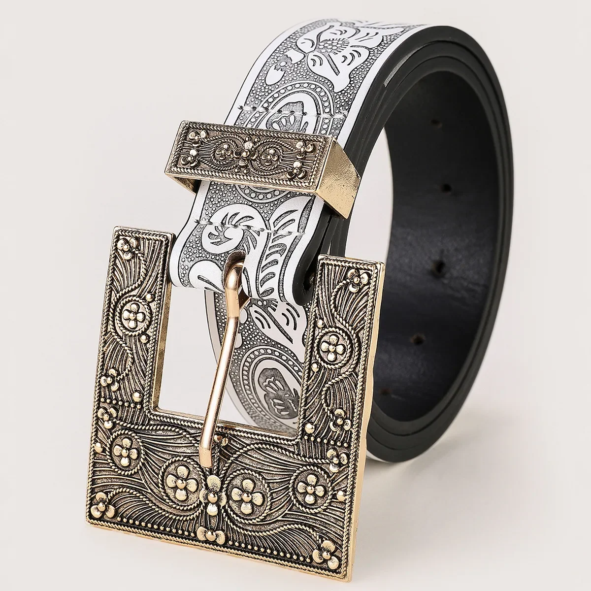 Vintage Metal Engraved Square Buckle Belt Unisex Printing Personality Fashion Jeans Decoration Gold Alloy Buckle Student Belt