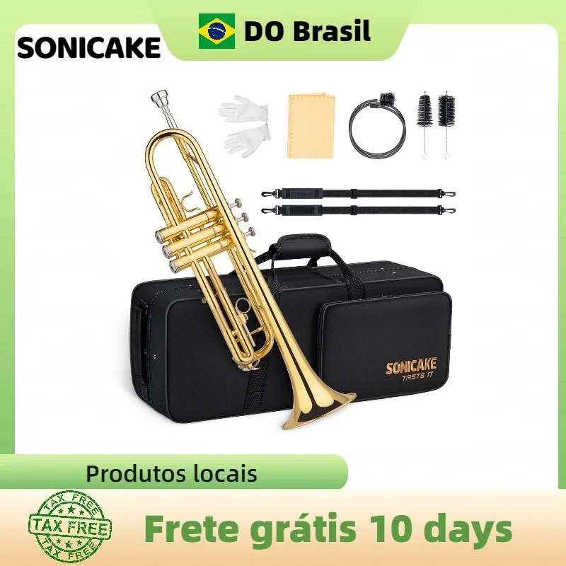 Trompete SONICAKE Dourado Bb (Si bemol) em Latão Amarelo com Estojo, Bocal, Luvas e Pano de Limpeza