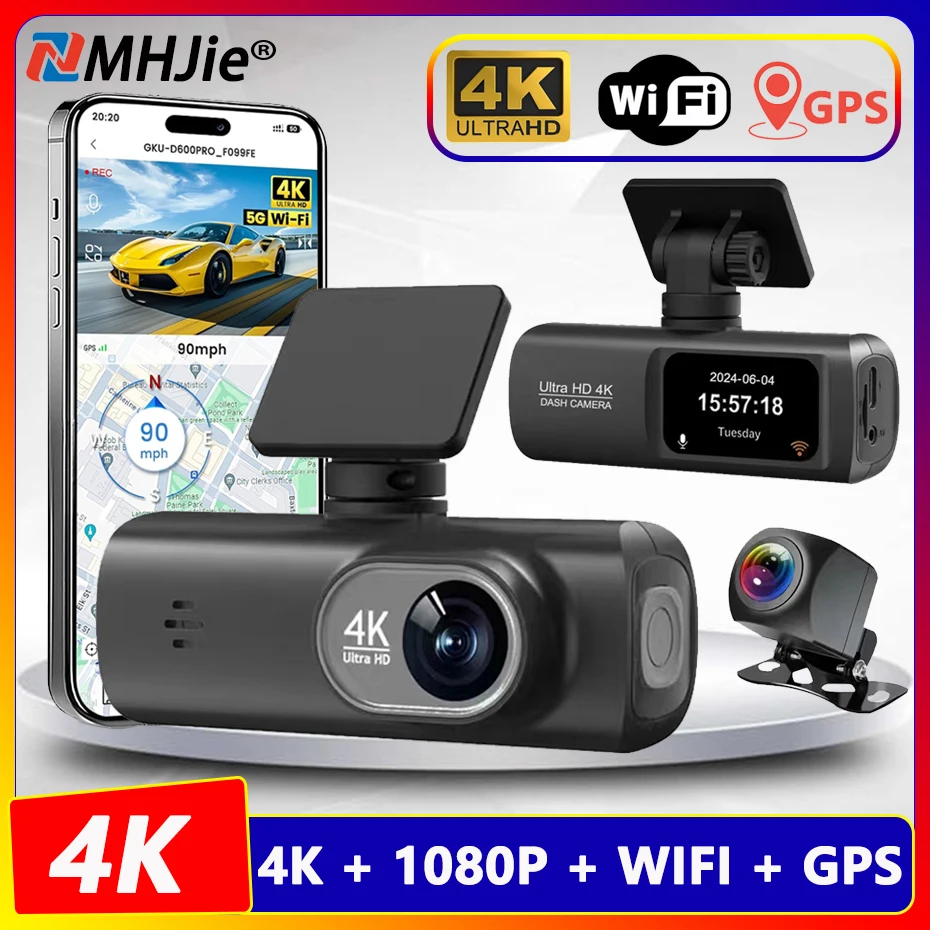 Dash Cam Dual Lens 4K UHD Recording Car Camera DVR Night Vision Video Recorder Support GPS Wi-Fi Room Black Box Rear View Camera