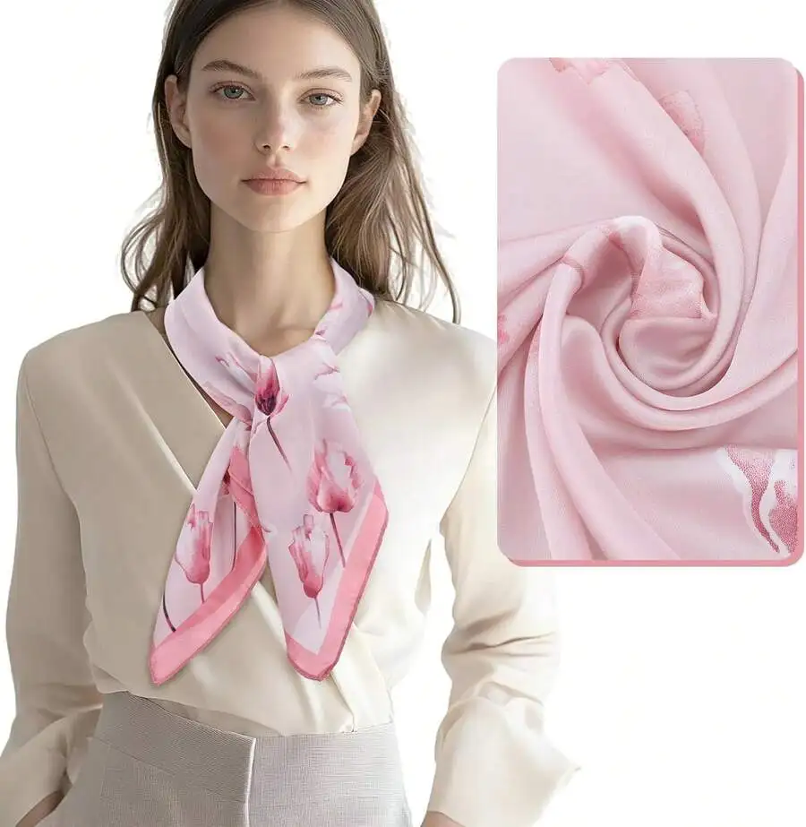 

Women Satin Square Scarf Floral Print Neck Scarf 27.5 Inch