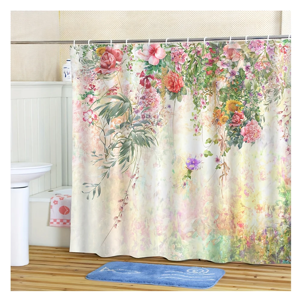 

Floral Shower Curtain, Rustic Farmhouse Bathroom Decor, Waterproof Polyester Fabric, White Yellow Pink Purple Flowers, Machine W