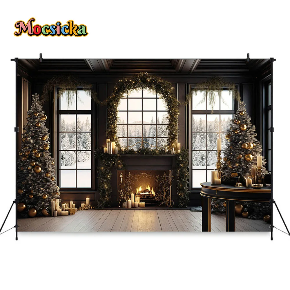 Christmas Vintage Golden Fireplace Backdrop Window Xmas Tree Candles Winter Studio Photography Background Family Portrait Photo