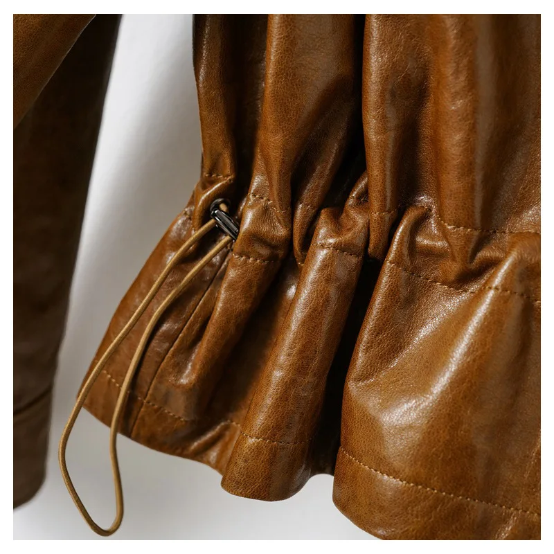 여성용 가을 첫 번째 레이어 양가죽 재킷 레트로 오일 왁스 A급 양가죽 여성용 드로스트링 허리 캐주얼 리얼 가죽 재킷