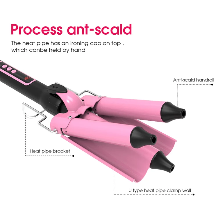 3 Barrel Curling Iron Wand Crimper Hair Iron Temperature Adjustable Heat up Quickly Mermaid Hair Waver Iron Pink