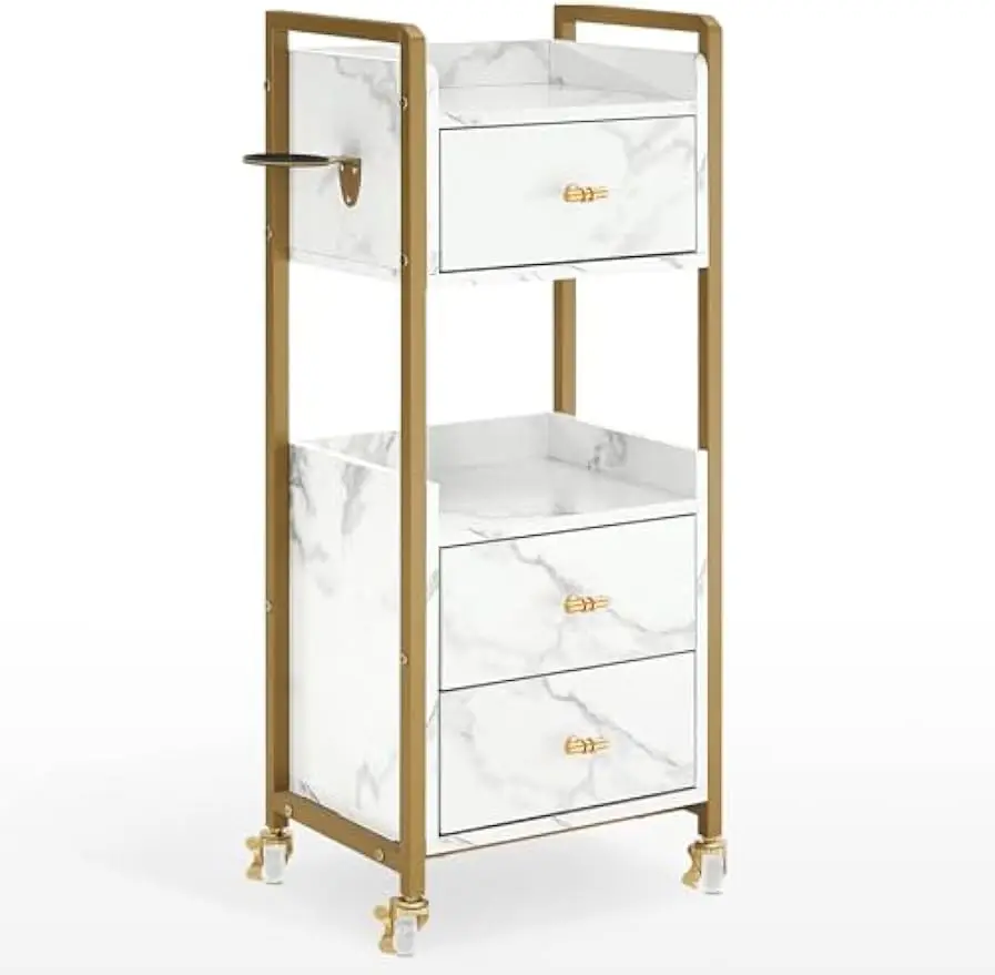 Salon Cart Rolling Trolley Lockable Wheels Hair Dryer Holder Drawers Barber Storage White