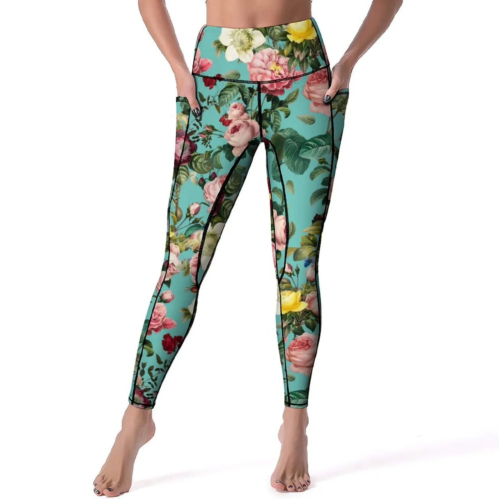 

Vintage Rose Leggings Pockets Colorful Flowers Graphic Yoga Pants Push Up Fitness Yoga Legging Kawaii Stretch Sport Pants