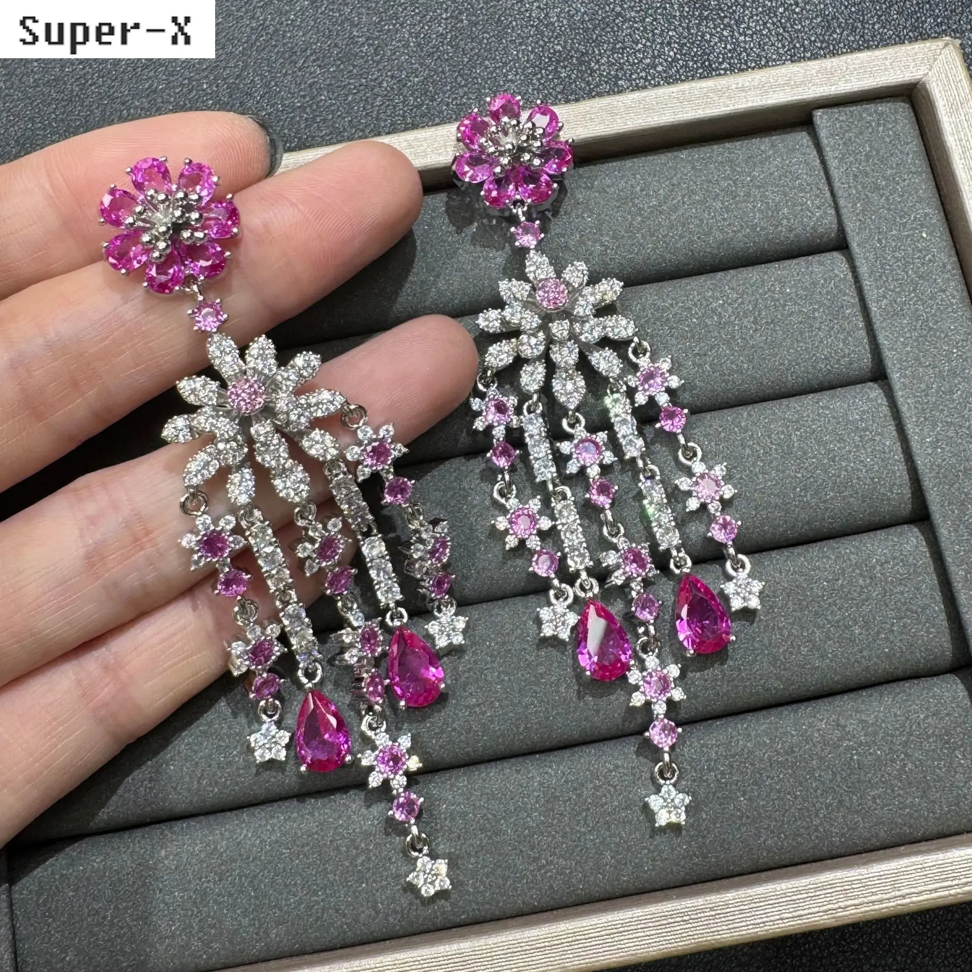 Gorgeous cubic zirconia flower earrings for women jewelry gala event wedding party dangling earrings yellow pink red long chain