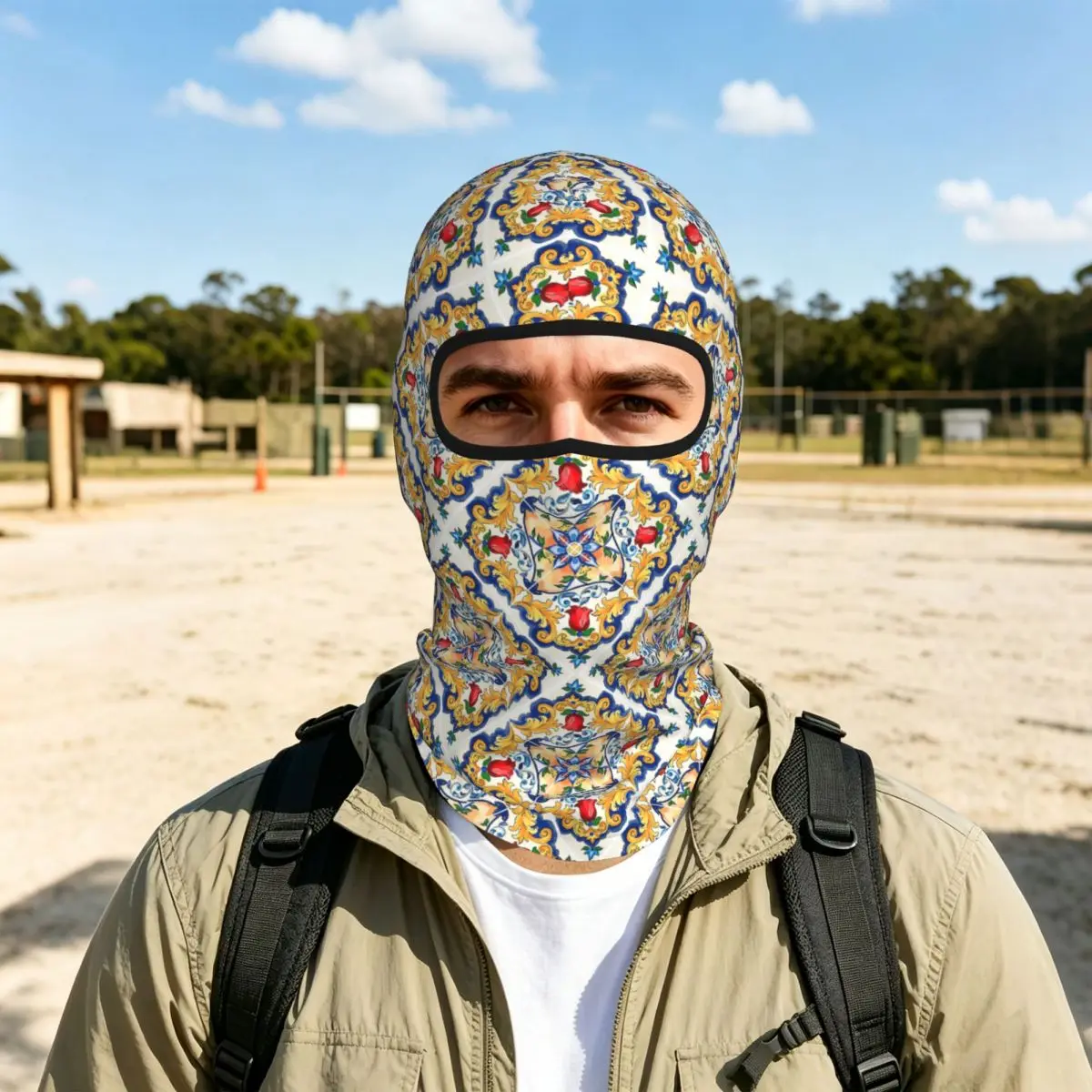 Sicilian Majolica Colourful Floral Flourishes Tile Pattern Breathable Thin Balaclava Full Face Mask Sun Protection Neck Gaiter