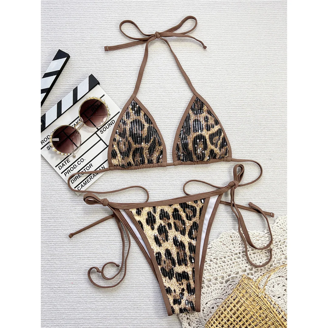 Leopard-Pailletten-Bikini mit Neckholder und hohem Beinausschnitt, zweiteiliger Damen-Badeanzug, Badebekleidung, Badeanzug, Badehose, Modell V6706 – Detail 9