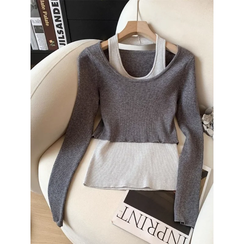 

Korean Style Fashionable Striped Long-sleeved Hottie Halterneck Two-piece Set for Women 2025 Autumn New Slim Fit