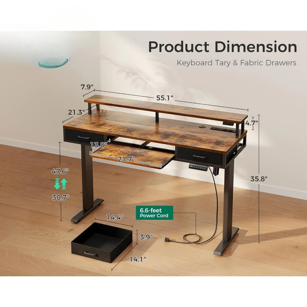 Bureau sur pied électrique avec prises de courant et lumières LED, armoire à clavier, proximité, recommandé, réglable, 55"