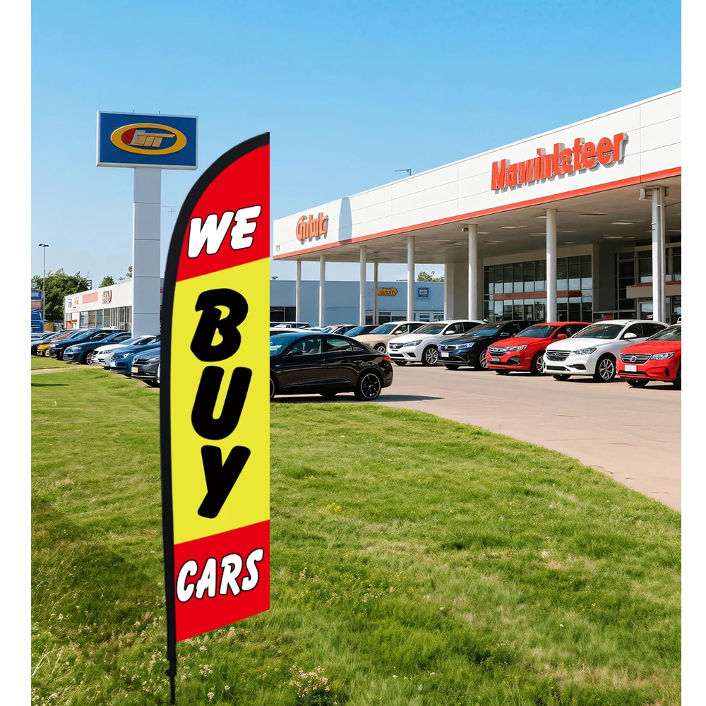 

WE BUY CARS Feather Flag Outdoor Advertising Sign with Flagpole Shop Studio Decorations Banner with Words Poster
