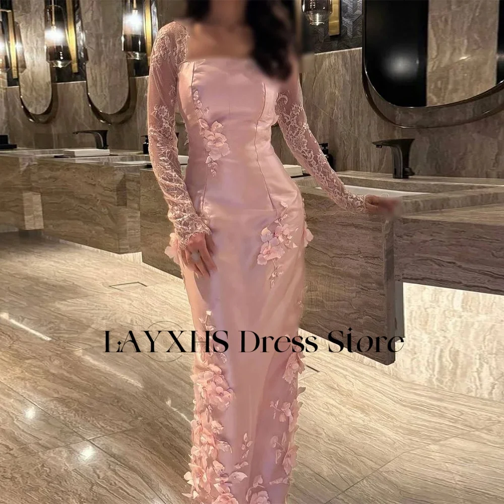 LAYXHS Wykwintne Różowe Sukienki Wieczorowe z Kwadratowym Dekoltem, Koronkowymi Długimi Rękawami, Kwiatami 3D, Syrenie Sukienki na Bal Maturalny, Szyte na Miarę فساتين سه