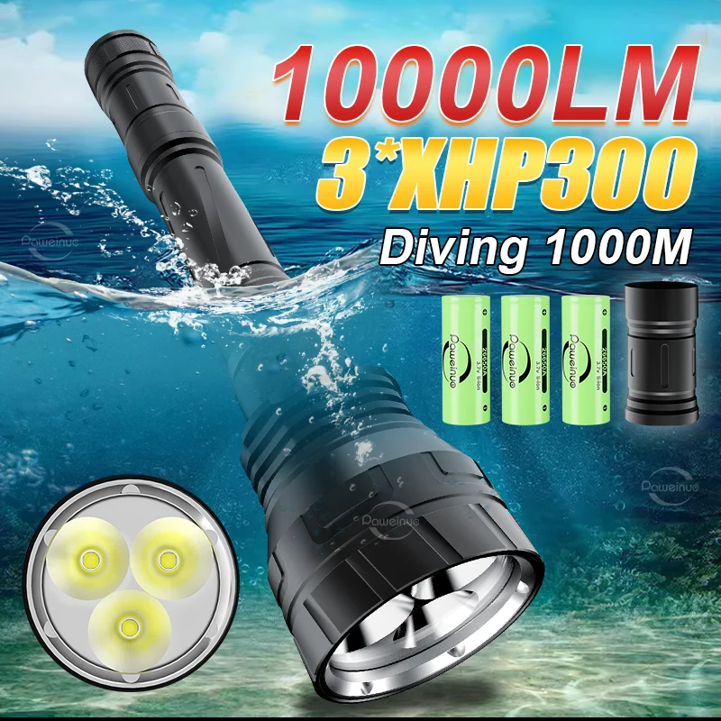 Super 3*XHP300 Scuba Diving Light Professional Diving 1000m Powerful 10000LM Underwater Diving Flashlight With Magnetic Switch