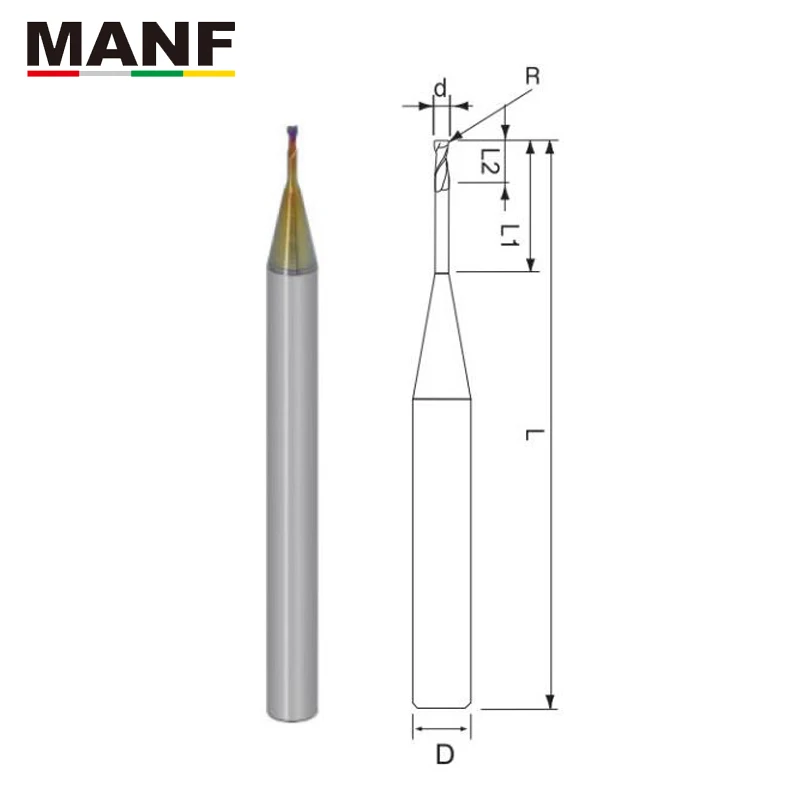 MANF 0.4 0.6Mm 0.8Mm Bulat Bola Hidung Diameter Mikro Miniatur 2 Seruling Rib Sudut Radius End Mill untuk Elektroda Tembaga