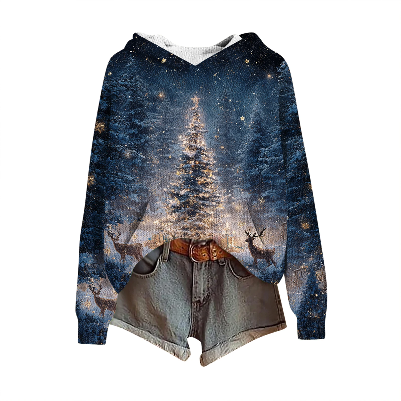 Winterkerstboompatroon Dames Modieus Casual trui met lange mouwen en capuchon met print Comfortabele warme gebreide top