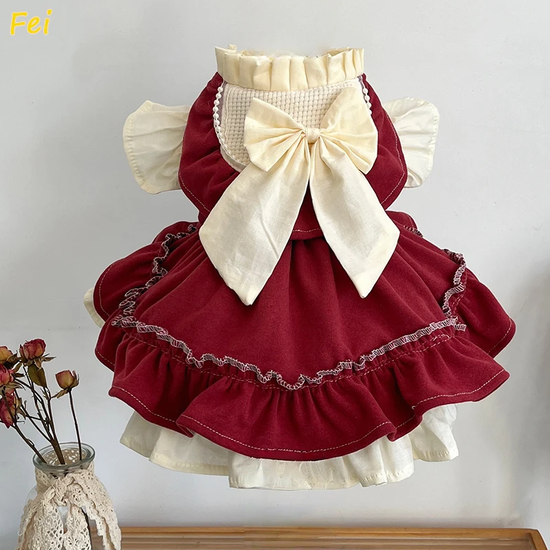 

Christmas Vintage Red Bow Pet Princess Dress, Elegant Costume for Dog, Lace -Trimmed Apparel Dog Clothes for Pets dogs & Puppies