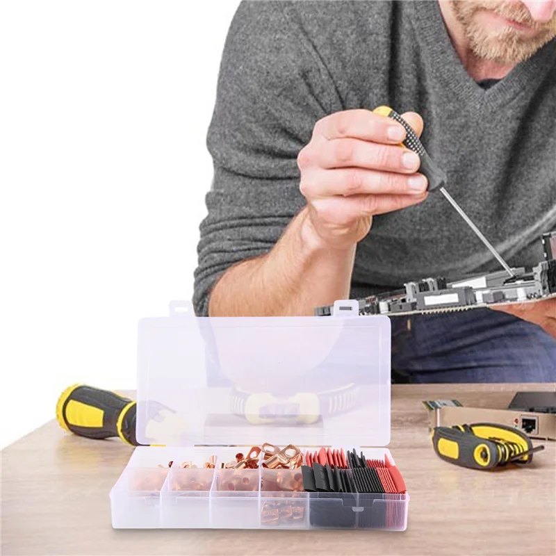 ABSE-150 Pcs Copper Wire Terminal Connectors, AWG 2 4 6 8 10 12 Ring Lug Kit With 70 Pcs Heat Shrink 80Pcs Battery Cable Lugs