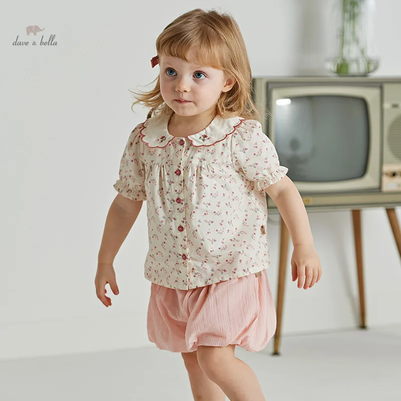 Dave Bella 2024 New Summer Children'S Girls Baby Two-Piece Girls Flower Print Shorts Set Charm Sweet Lovely Casual DB2240572