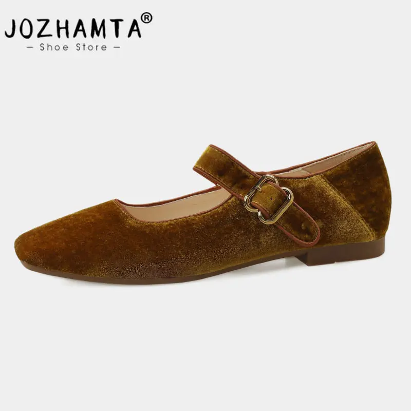 

JOZHAMTA Size 34-39 Velvet Ballet Flats Shoes for Women Soft Leather Buckle Strap Low Heels 2024 Fashion Mary Janes Casual Dress