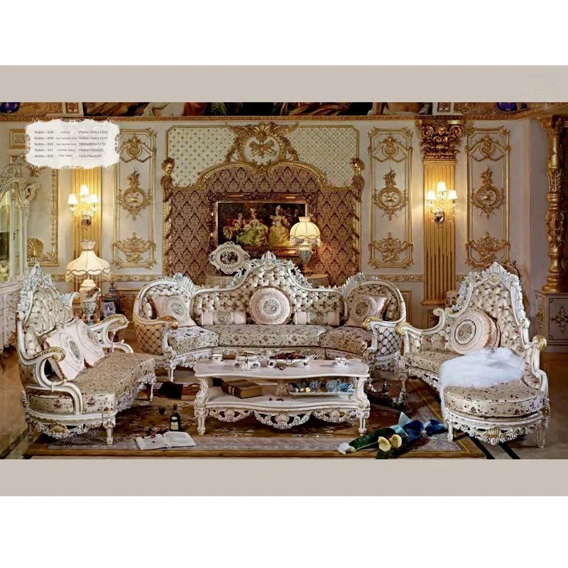 European Style Royal Wooden Classic Home Furniture Couches Sofa Set Luxury Leather Living Room Sofa