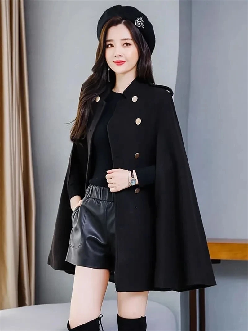 High End Cape Woolen Jacket Womens 2023 New Winter British Style Korean Loose Poncho Shawl Female Long Double Breasted Coat Top