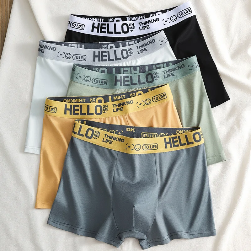 Hello Men's Cotton Blend Stretch Boxer Briefs for Men & Boys with Contrast Waistband & Letter Print Mid-Rise Underwear for US